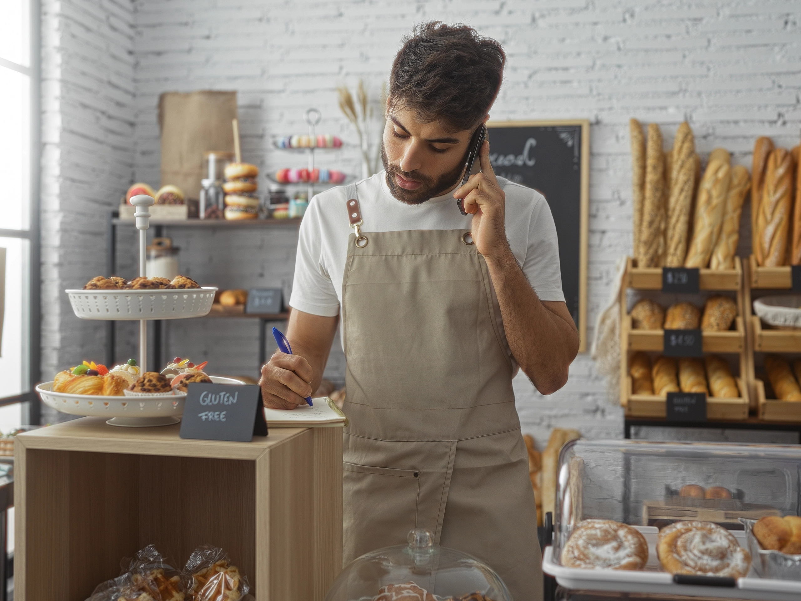Bakery counter scene with apron-wearing worker taking call while writing notes busy