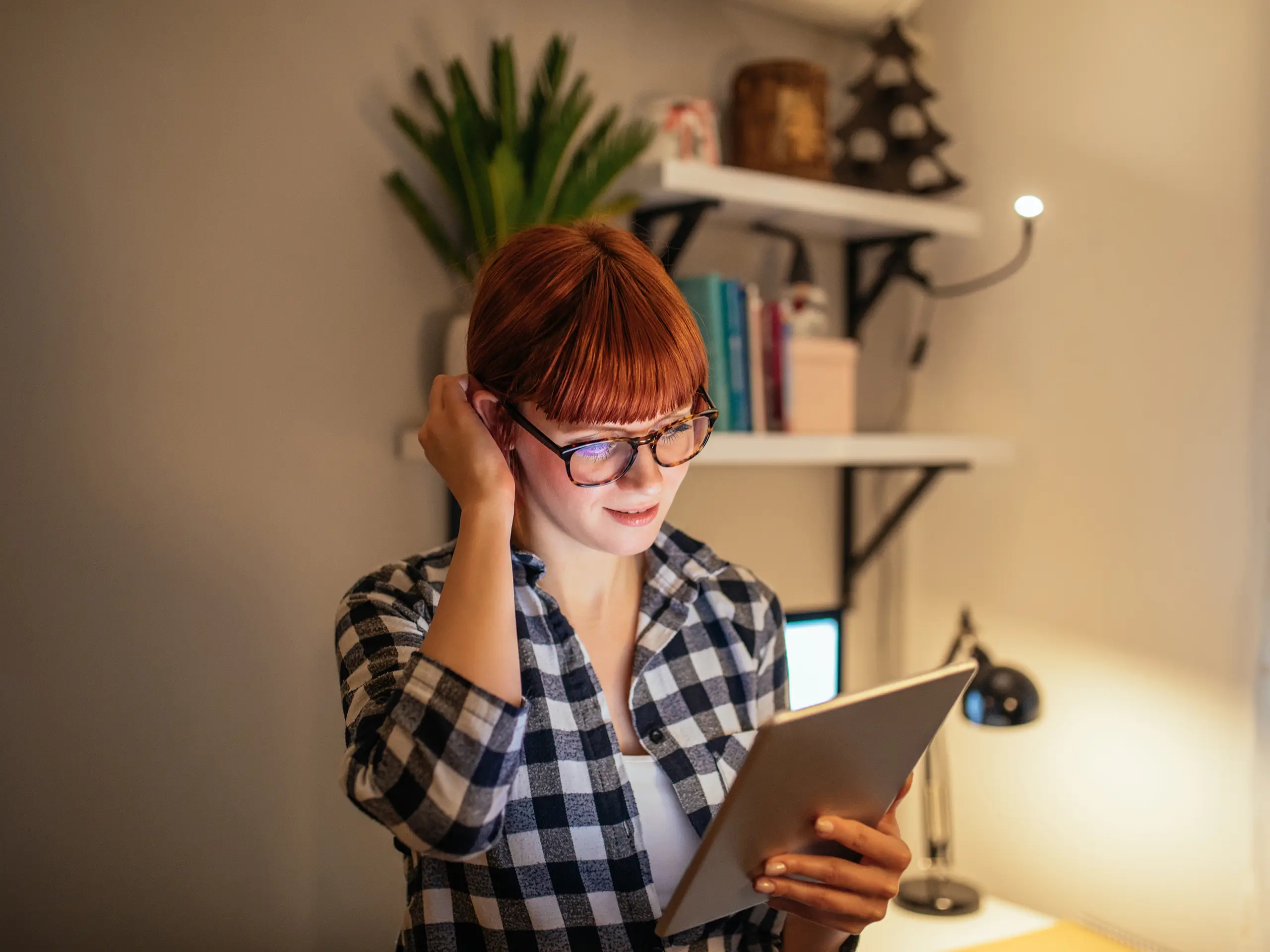 brown hair, desk, eyewear, gadget, glasses, office equipment, office supplies, red hair, vision care