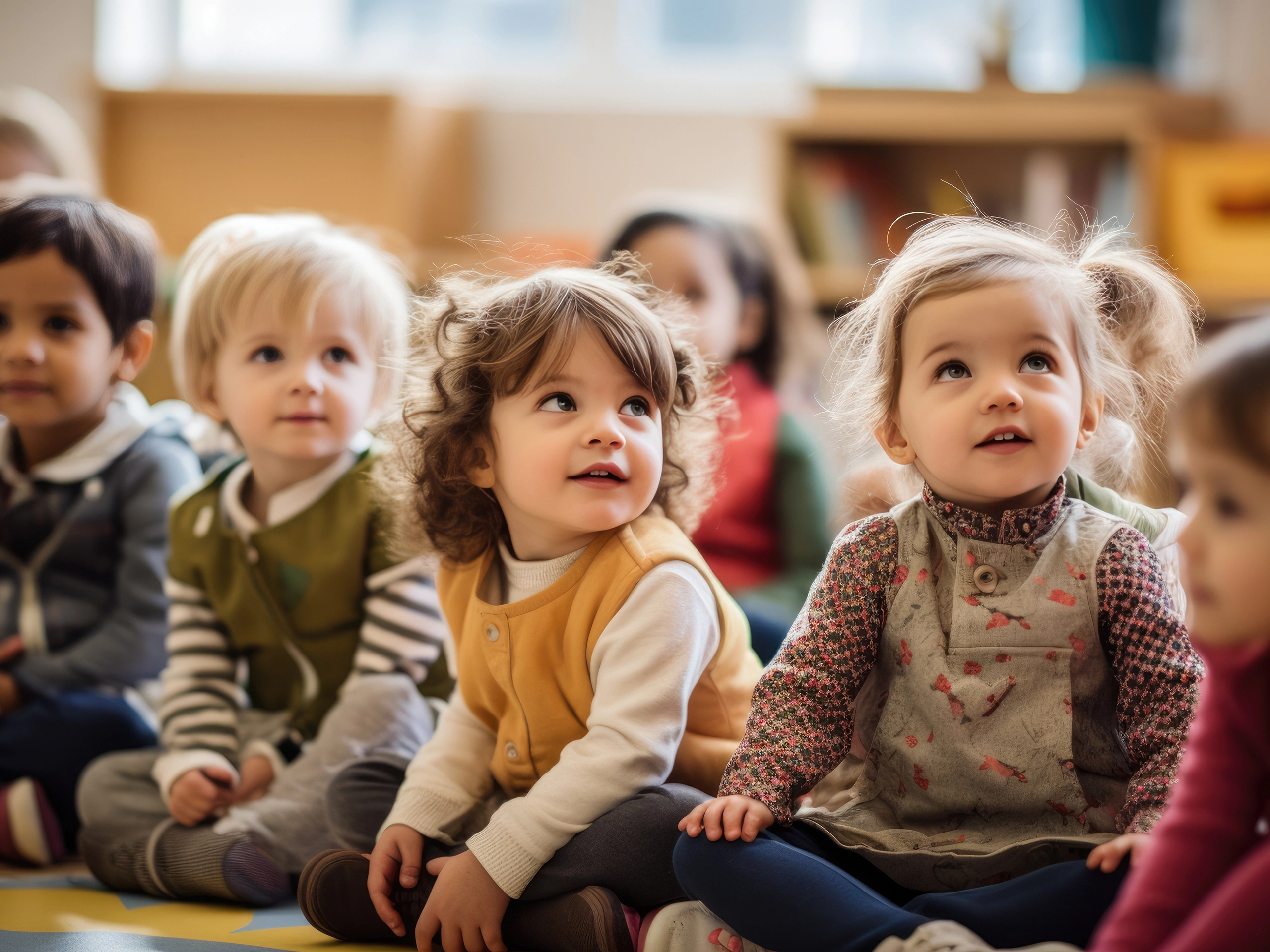 Young children sat on floor in nursery looking up at teacher