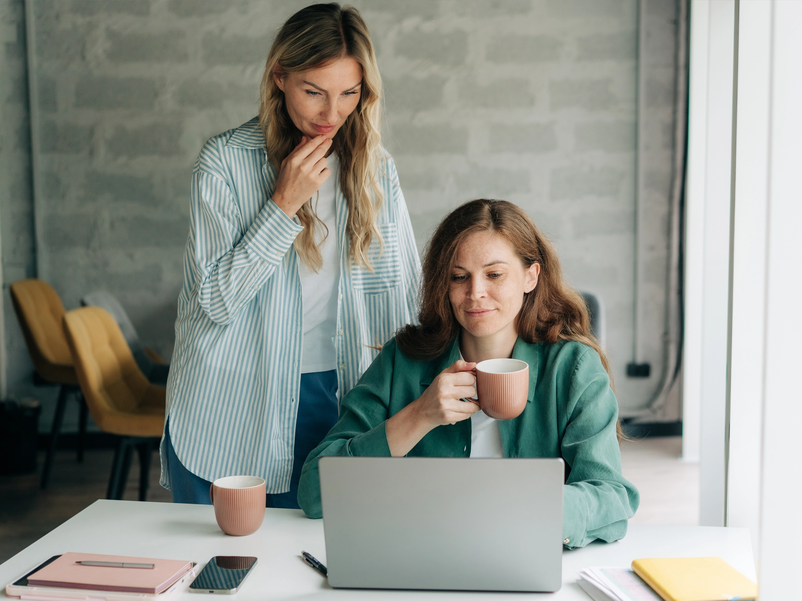 Two women discussing a corporate business project at a table in an office using a laptop.