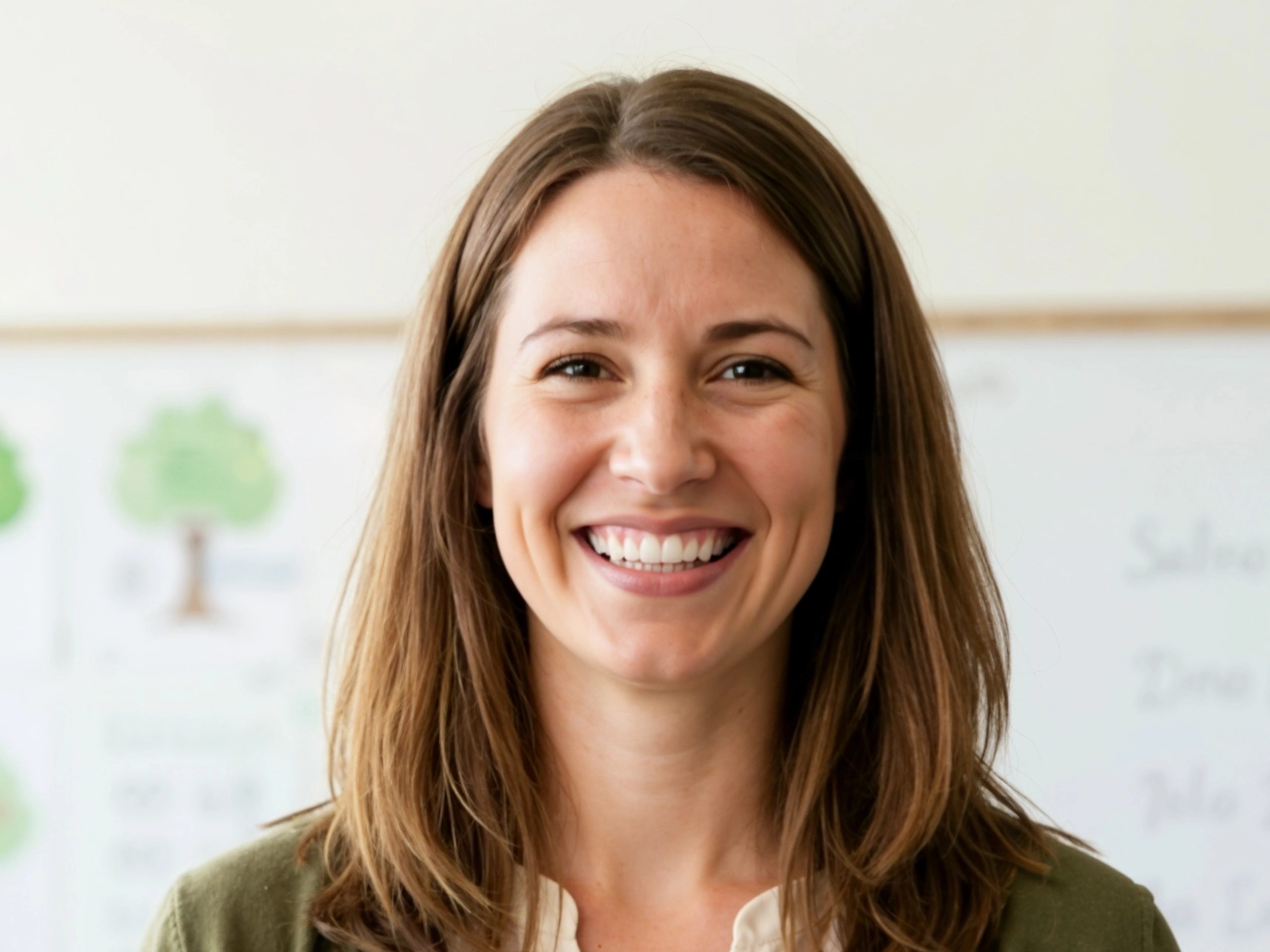 Smiling teacher holding an open book in a classroom. Female educator standing in front of students in a school setting