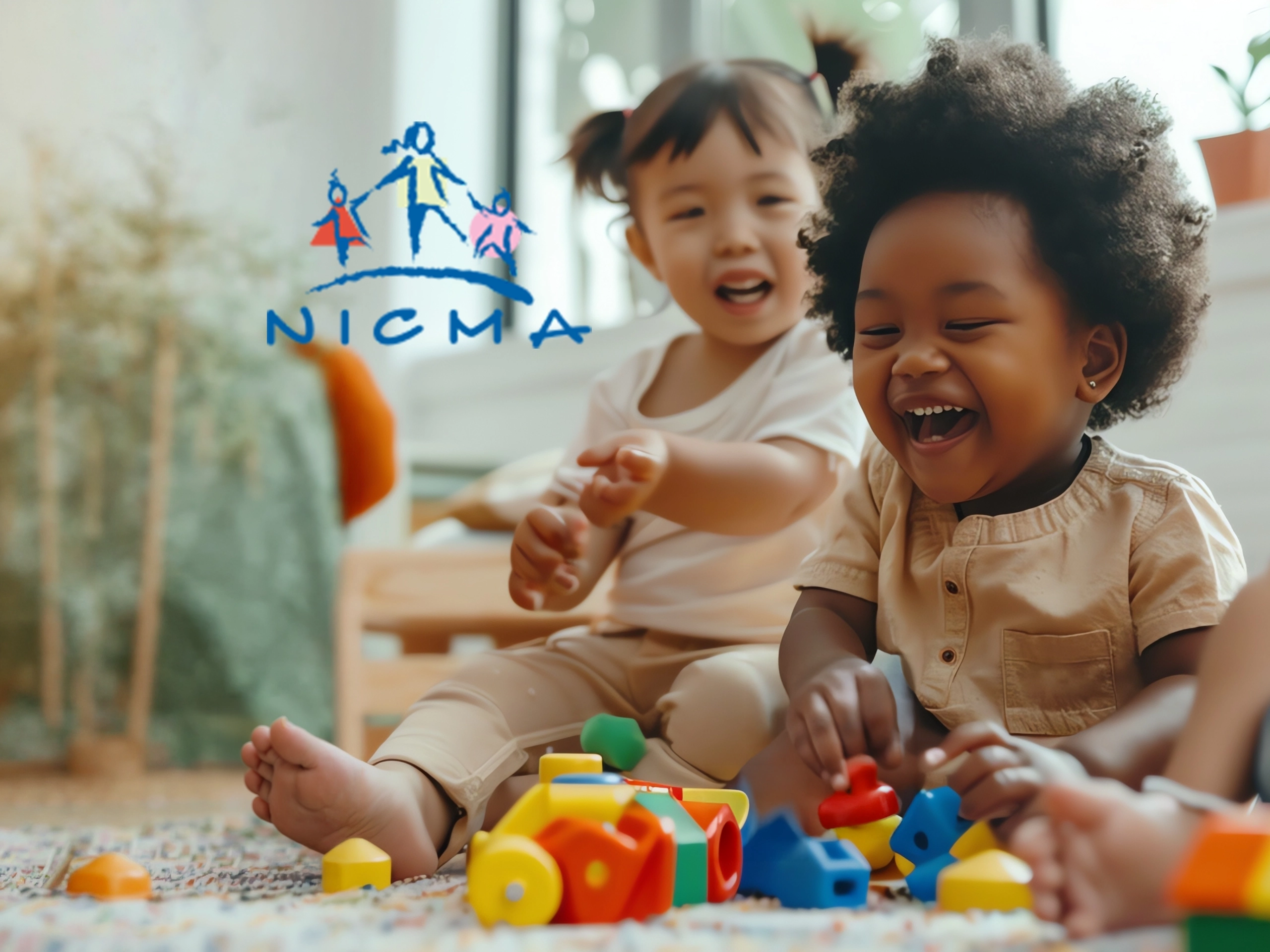 A group of diverse toddlers play with colorful blocks in a daycare setting.