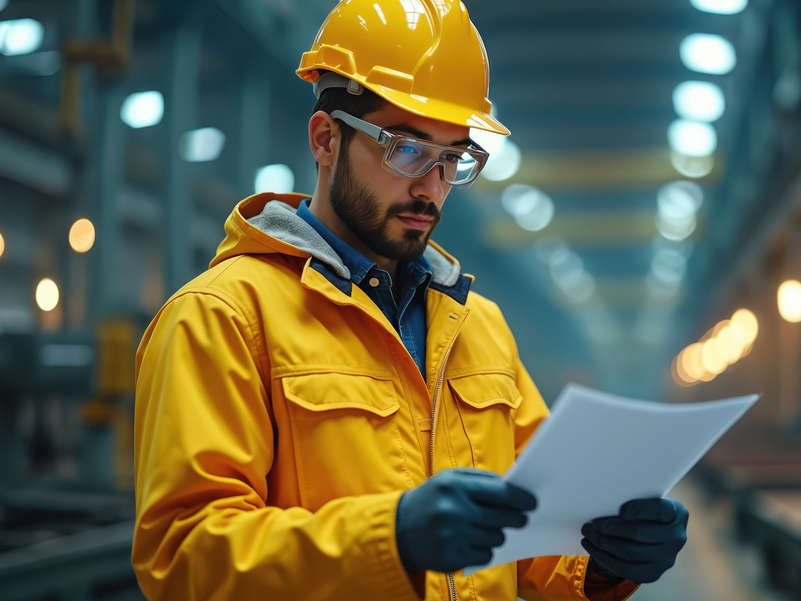 Man in yellow hard hat and safety gear reads document in factory. Industrial worker checks instructions. Male engineer or technician in protective wear reviews manual.