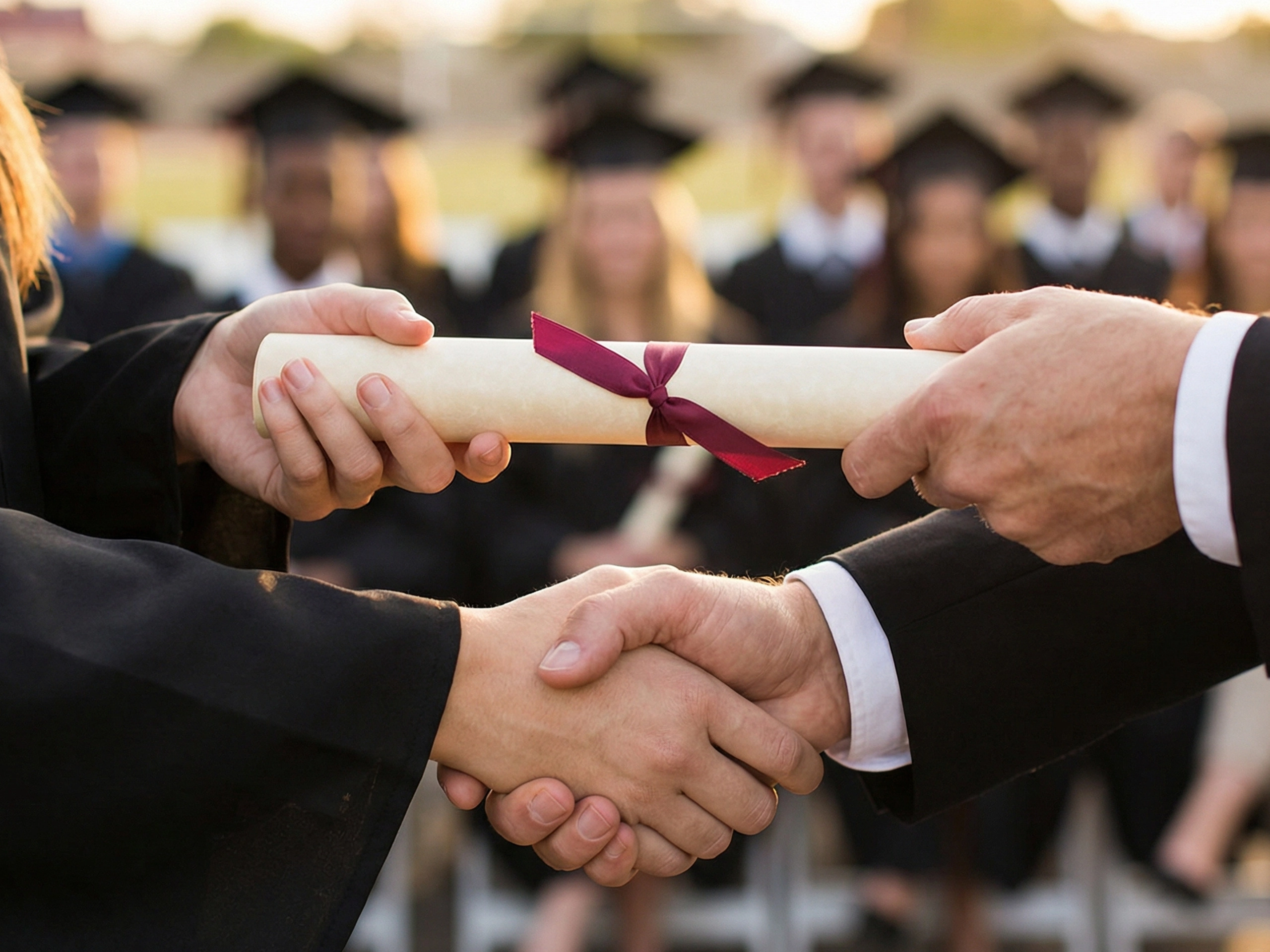Graduate receiving a diploma and shaking hands during a graduation ceremony. Academic achievement and educational success concept with students in caps and gowns blurred in the background