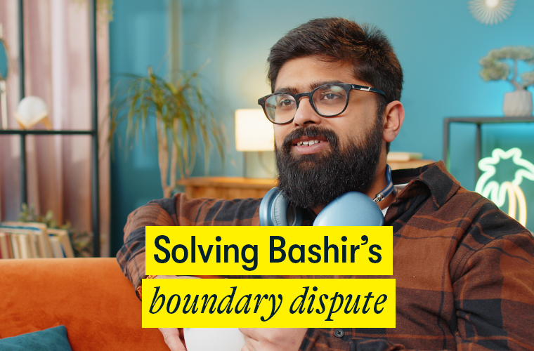 Solving Bashir's boundary dispute - an early 30s' man sits at home having a cup of tea