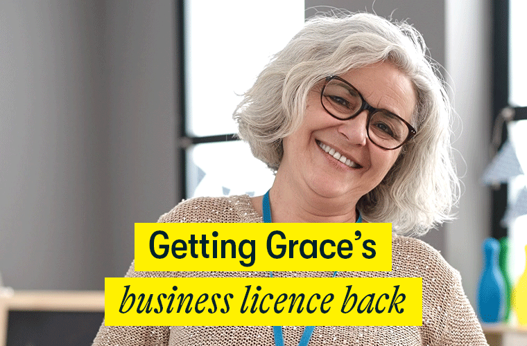 Getting Grace's licence back Getting Grace's licence back - a 50s woman stands in her nursery school smiling