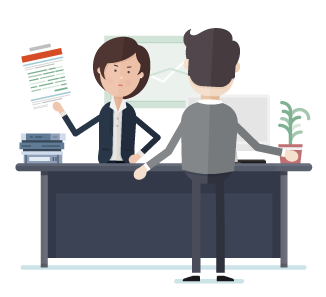 Employment Practices Liability Illustration Cartoon depicting an angry boss holding a document confronting an employee from behind a desk