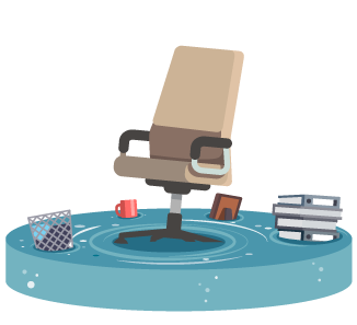 Business Emergency Solutions Desk chair and office paraphernalia floating in water