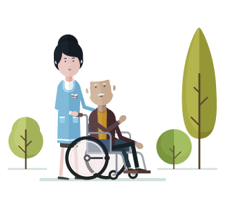 Care Home Providers Illustration Dark-haired woman pushing an old man in a wheelchair through a park