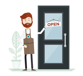 Commericial Property Owners Illustration Red-haired man with a beard and pinafore turning round the 'Open' sign of a shop