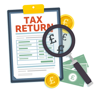 Tax Fee Protection Illustration Graphic depicting a tax return, pound coins and notes being inspected by a magnifying glass