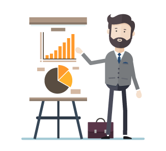 Commercial Caucasian businessman standing by a flipchart and pointing