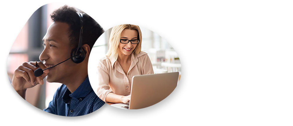 A man on a headset and woman on a laptop