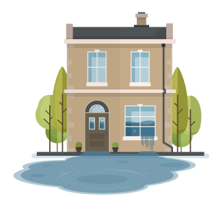 Landlord Emergency Solutions Illustration Cartoon town house with water spilling out of a window onto the street
